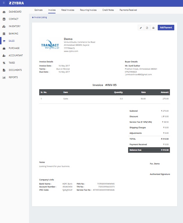 Zybra Invoice Sample